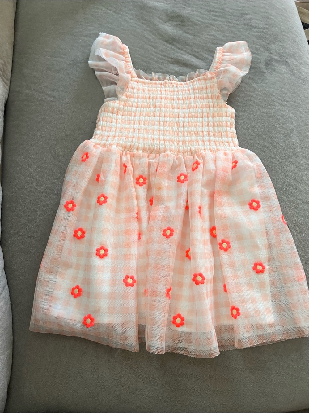 Cat & Jack Peach Gingham Dress with Coral Flower Embroidery
